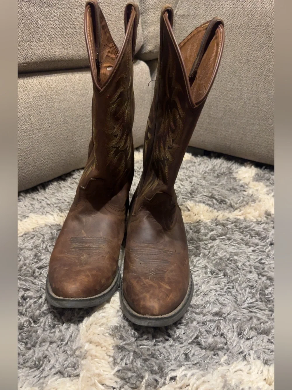 Justin Boots Brown Leather Cowboy Boots with Yellow Logo Print